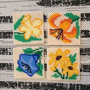 Vintage yarn needlepoint coasters